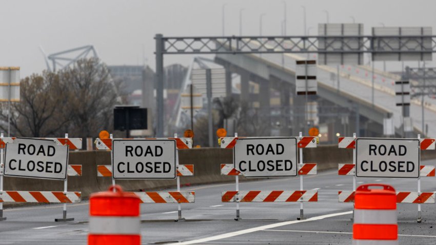 Barricades block the approach of the collapsed Francis Scott Key Bridge on March 28, 2024 in Baltimore, Maryland.