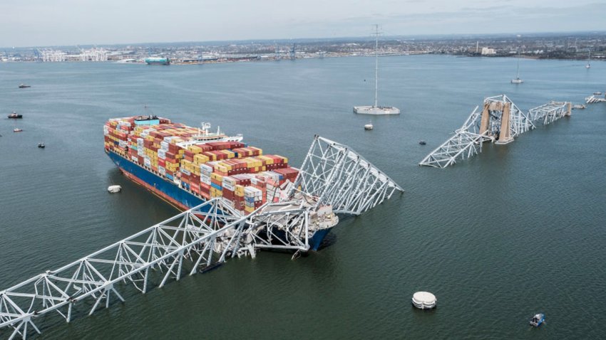 WASHINGTON, DC – MARCH 26: The remains of the Francis Scott Key Bridge on March 26, 2024 in Baltimore. A maintenance team was repairing potholes on the bridge, a vital route utilized by approximately 30,000 individuals daily, when the vessel collided around 1:30 am on Tuesday morning. This incident has resulted in the closure of the Port of Baltimore, a key hub and one of the busiest ports on the East Coast of the United States. (Photo by Michael A. McCoy for The Washington Post via Getty Images)