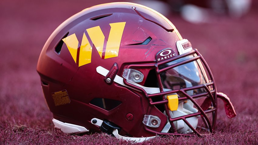 File photo. A general view of a Washington Commanders helmet on the field before the game against the San Francisco 49ers at FedExField on Dec. 31, 2023, in Landover, Maryland.