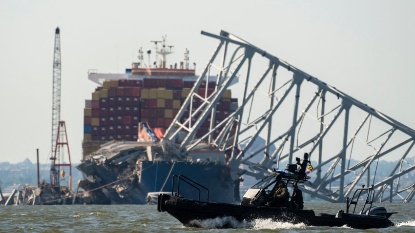 (File photo) A Maryland Transportation Authority patrol boat makes a pass in the waters of the Patapco river near where crews were getting ready to conduct a controlled demolition of a section of the Francis Scott Key Bridge resting on the Dali container ship in Baltimore on May 13, 2024.