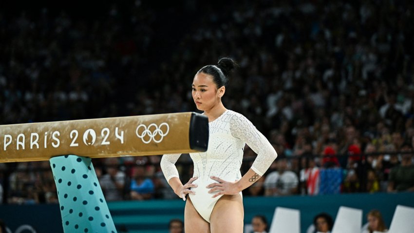 Sunisa Lee reacts after falling in the artistic gymnastics women's balance beam final during the Paris 2024 Olympic Games at the Bercy Arena in Paris, on August 5, 2024.