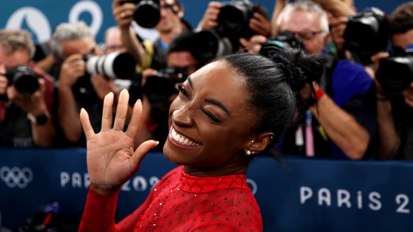 Gold medalist Simone Biles of Team United States celebrates winning after the Artistic Gymnastics Women's Vault Final on day eight of the Olympic Games Paris 2024 at Bercy Arena on August 03, 2024 in Paris, France.