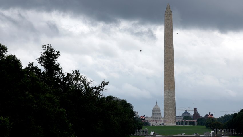 WASHINGTON, DC – AUGUST 09: Rain clouds hang over the National Mall on August 09, 2024 in Washington, DC. The Washington DC area experienced a tornado warning and flooding as a result of remnants from Hurricane Debby which has moved up the east coast.  (Photo by Anna Moneymaker/Getty Images)