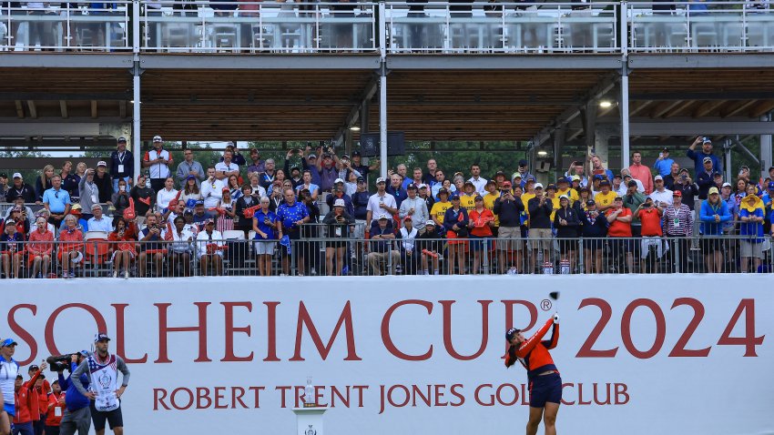 Allisen Corpuz of The United States Team hits her opening tee shot during the morning foursomes matches of the Solheim Cup 2024 at Robert Trent Jones Golf Club on September 13, 2024 in Gainesville, Virginia. (Photo by David Cannon/Getty Images)